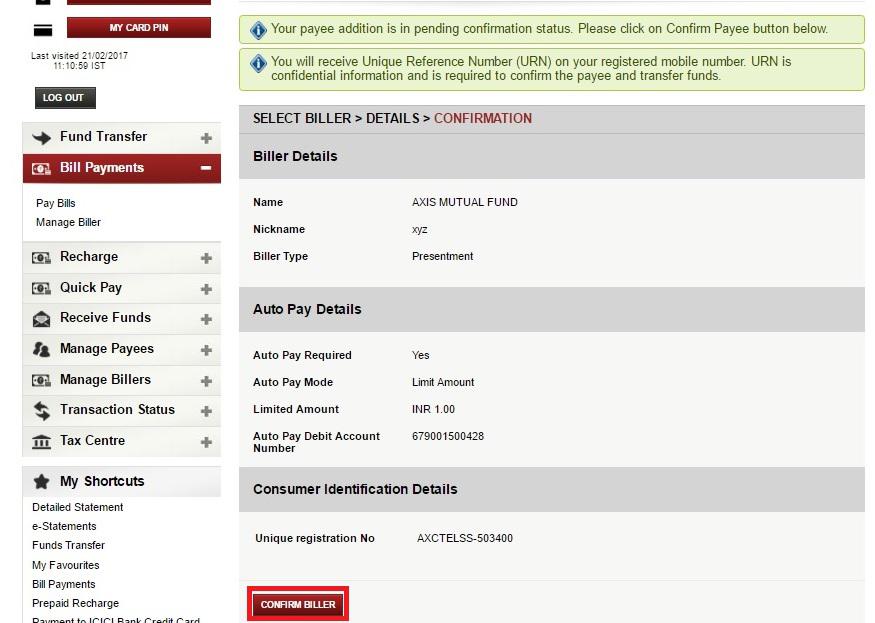 How to add ISIP URN number in ICICI Netbanking
